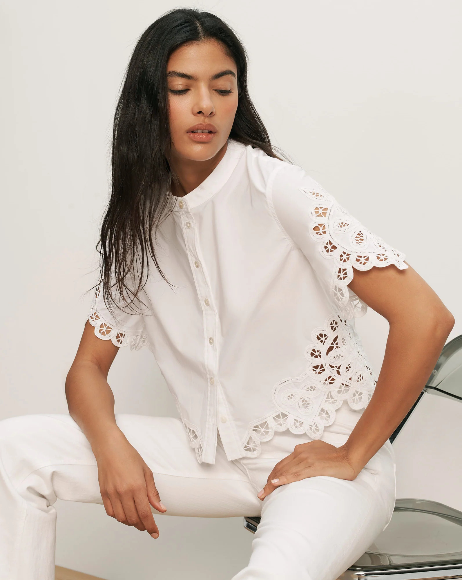 Aleck Lace Button-Down Shirt in White | Veronica Beard | Veronica Beard