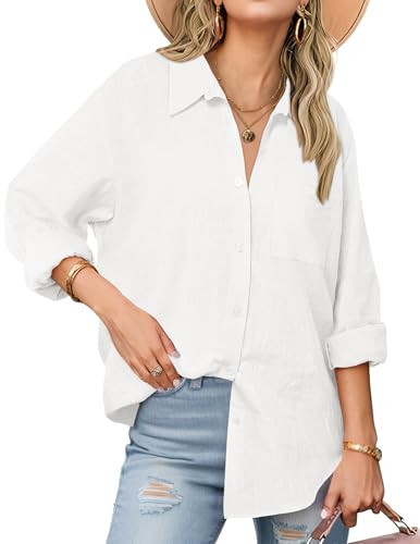 Zeagoo White Button Down Shirt Women Long Sleeve Linen Button Up Blouse Cotton Tops Dressy Casual 2025 White | Amazon (US)