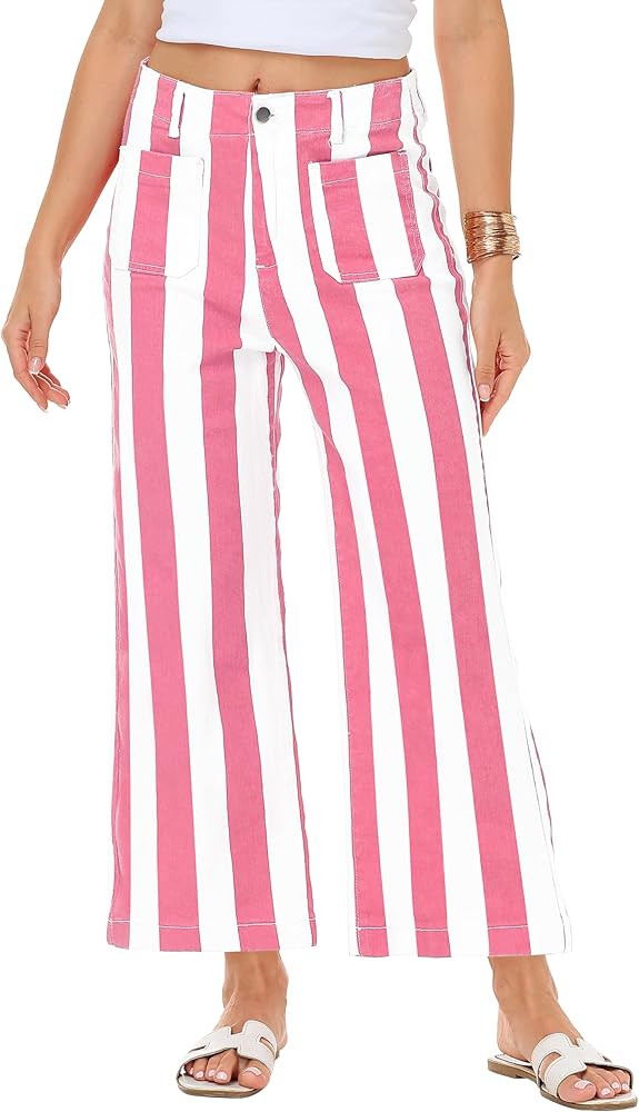 Women Striped Jeans Stretchy Cropped Vertical Denim Pants with Pockets | Amazon (US)