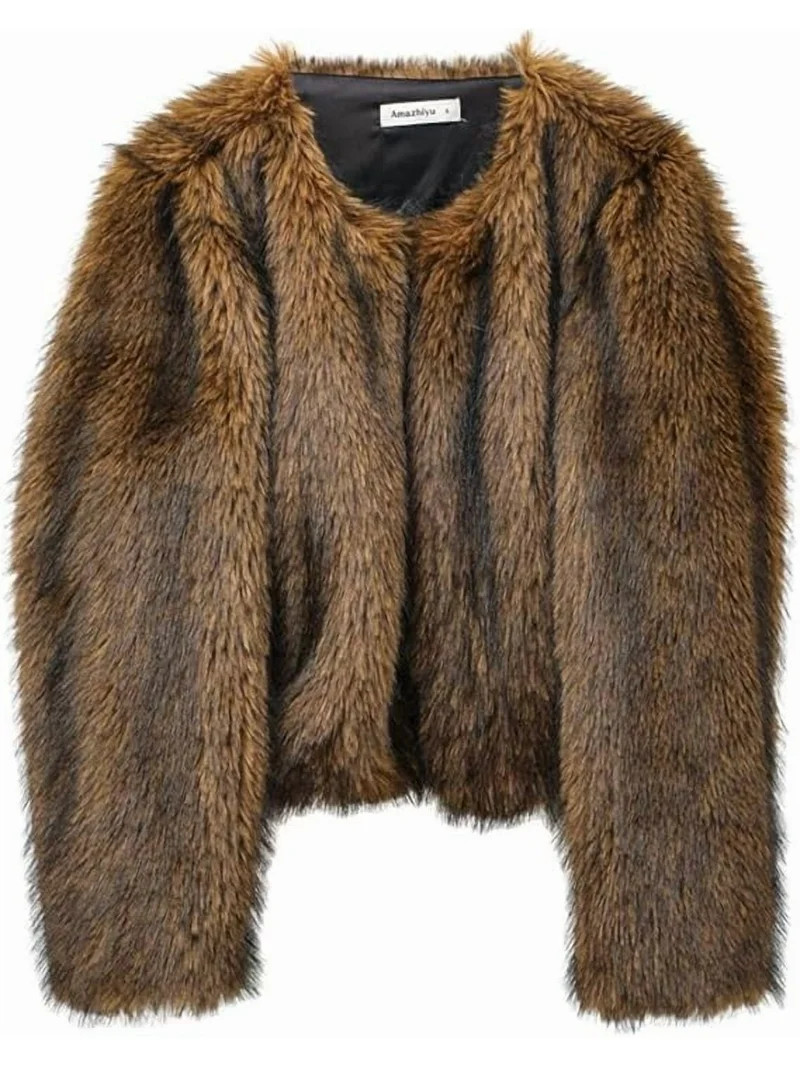 Amazhiyu Women's Faux Fur Long Sleeve Open-front Winter Cropped Coat with Pockets | Walmart (US)