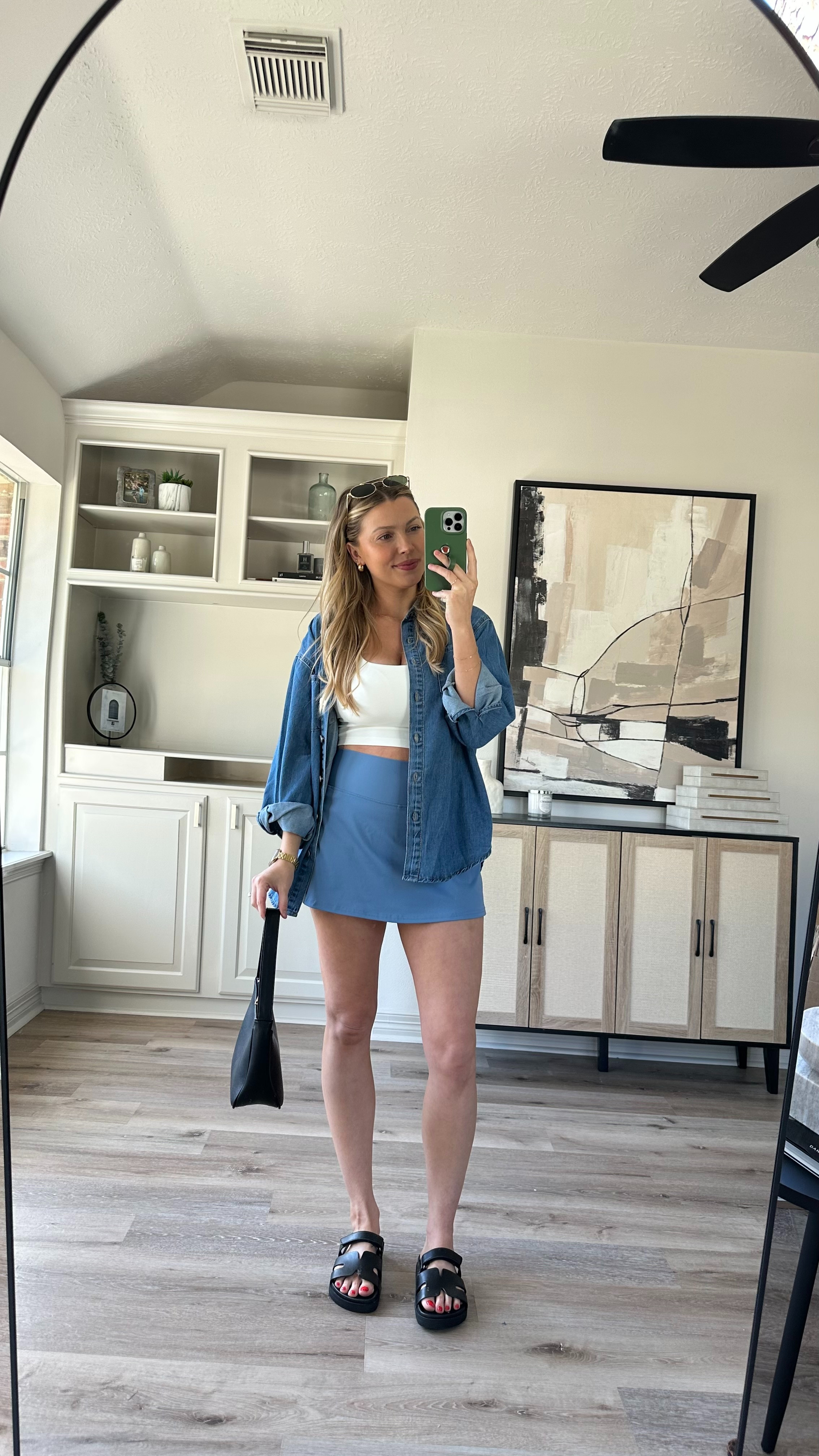 Casual Spring Outfit | This skort is so comfy and feels so similar to another brand. Wearing size M in the skort, white tank top, and denim jacket. Sandals fit tts.  

 

#LTKStyleTip