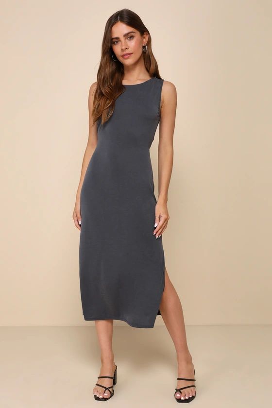 Causally Flawless Charcoal Grey Knotted Cutout Midi Dress | Lulus