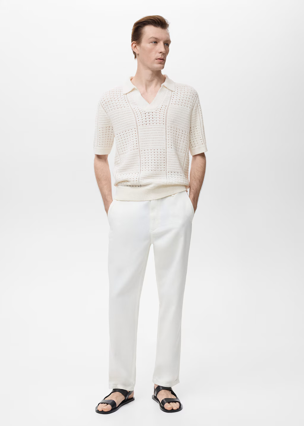 Knitted cotton polo shirt with lace pattern off white - Man - XL - MANGO MAN | Mango (US/MX/AU)