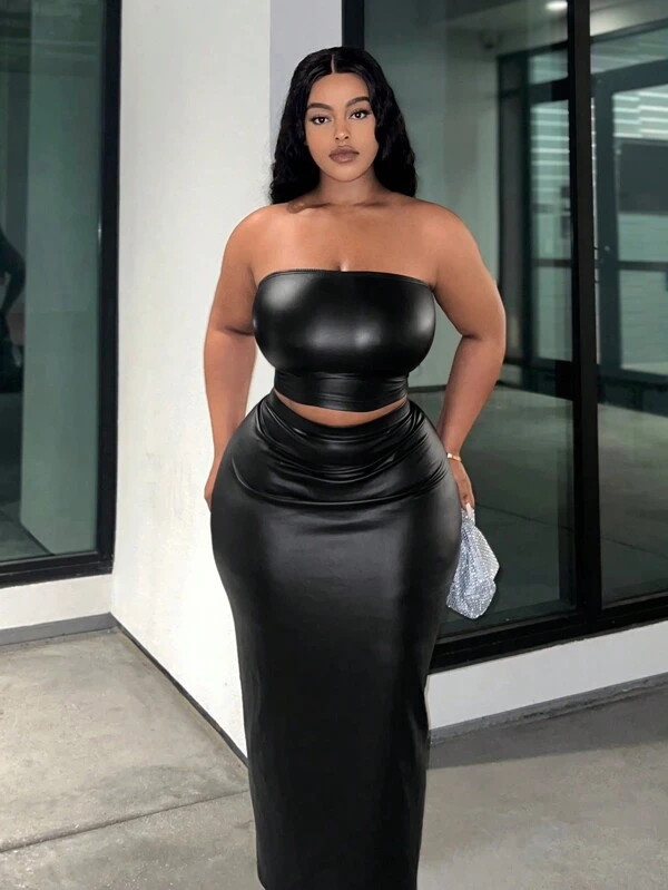 SHEIN Slayr Plus PU Leather Tube Top & Split Back Skirt | SHEIN