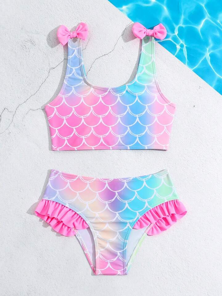 Young Girls' Swimwear Set, Mermaid Fish Scale Design Bowknot Bikini | SHEIN