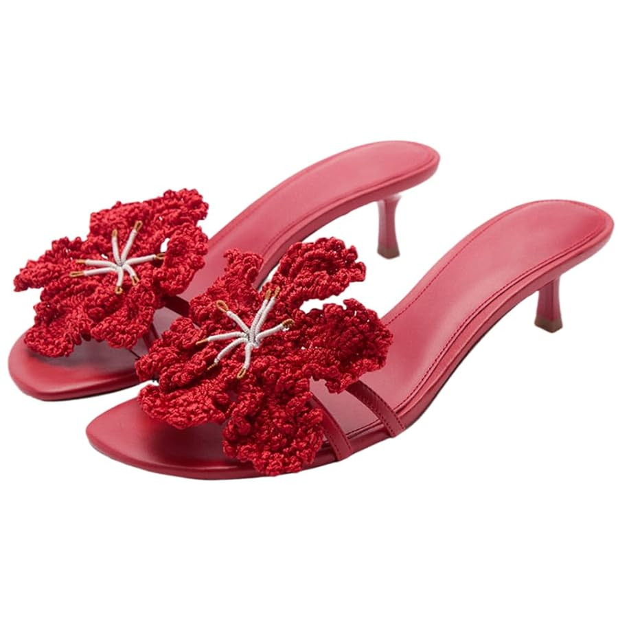 YIYA Women's Cute Flower Kitten Mules Heels Open Square Toe Floral Sandals Slip On Slide Summer P... | Amazon (US)