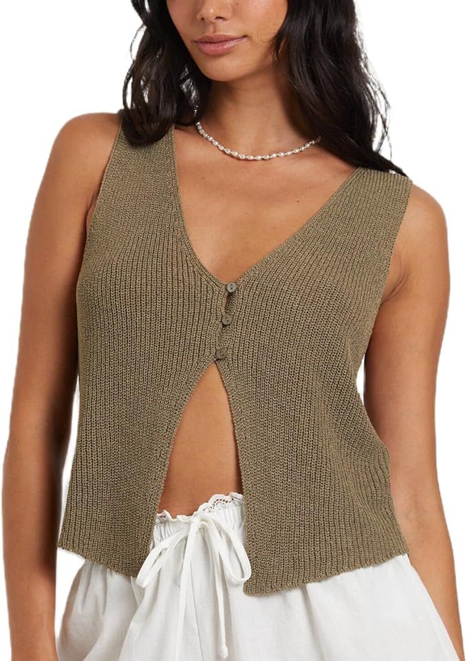 Women Y2k Button Down Crochet Knit Vest Sleeveless Hollow Out Crop Tops Vintage Casual V-Neck Ver... | Amazon (US)
