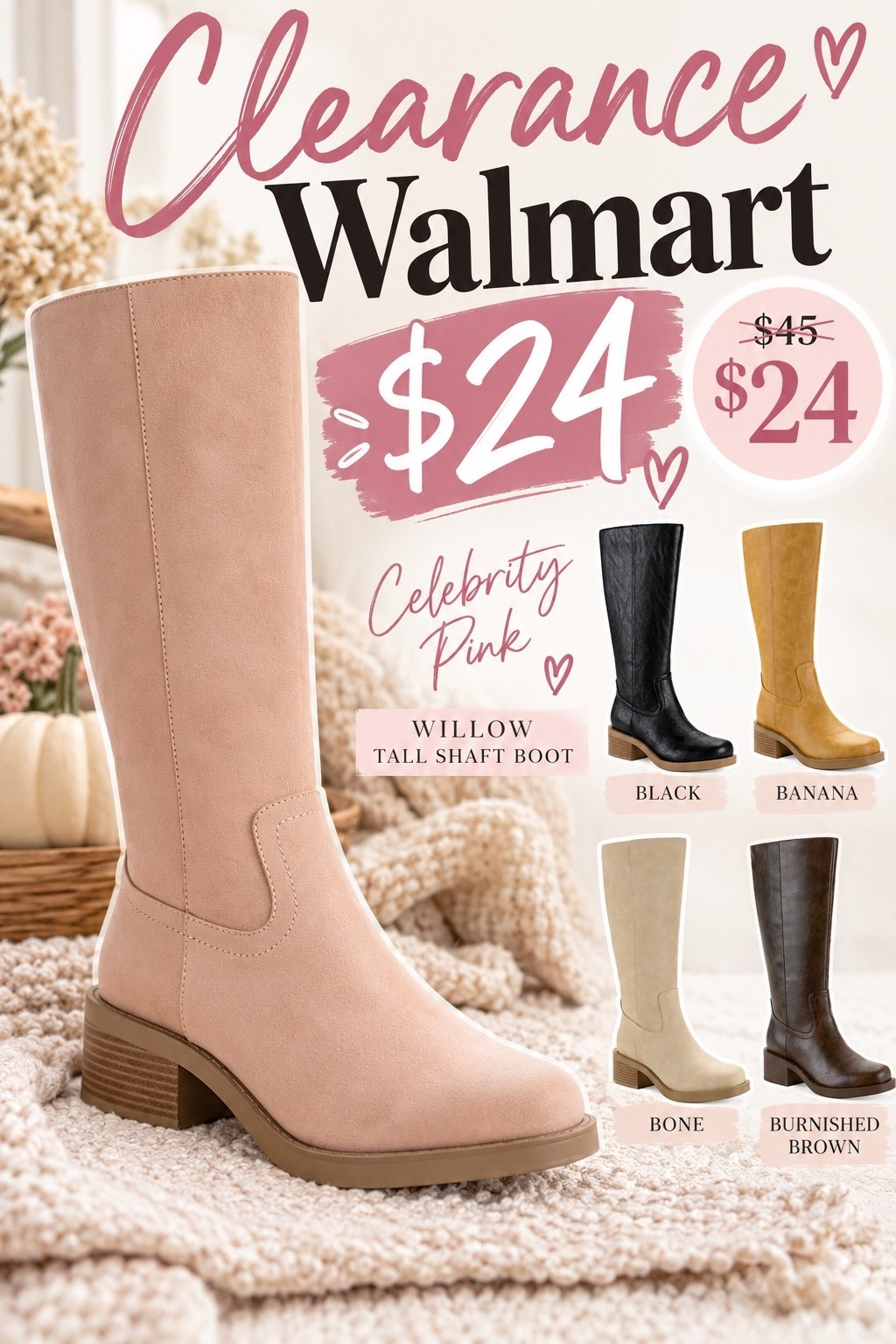 Walmart fall boots for only $24 🤎🍂 These Celebrity Pink tall shaft boots are such a good affordable fall fashion find! I love the chunky block heel, knee-high look and all the neutral color options black, banana, bone, burnished brown + pink desert. Perfect with leggings, jeans, sweater dresses and fall skirts!

#LTKSeasonal #LTKSaleAlert #LTKmomlife