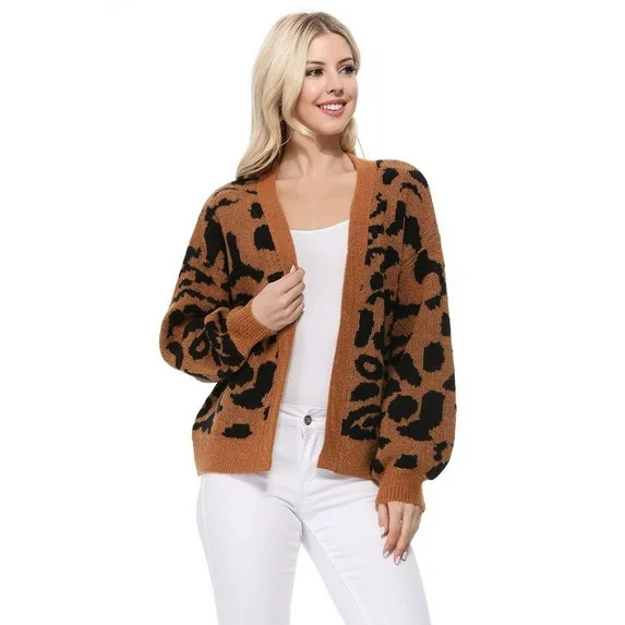 Yemak Women's Chunky Leopard Print Open Front Long Sleeve Jacket Sweater Cardigan HK8254LEO-CAMEL... | Walmart (US)