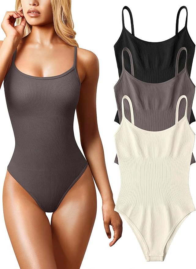 OQQ Women's 3 Piece Bodysuits Sexy Ribbed Sleeveless Adjustable Spaghetti Strip Tops Shapewear Bo... | Amazon (US)