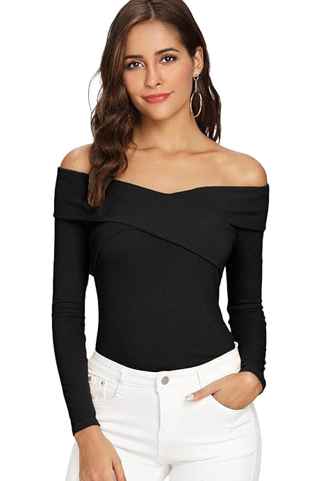Romwe Women's Casual Cross Off Shoulder Deep V Neck Ribbed Knit Slim Wrap Tee Shirt Blouse | Amazon (US)