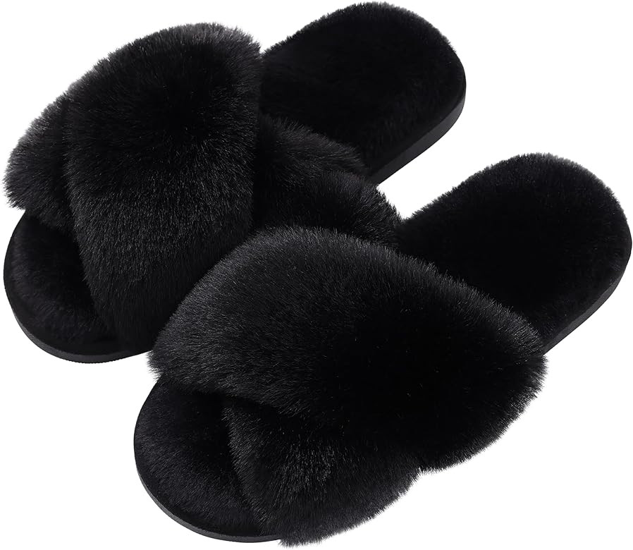 Evshine Women's Fuzzy Slippers Cross Band Memory Foam House Slippers Open Toe | Amazon (US)