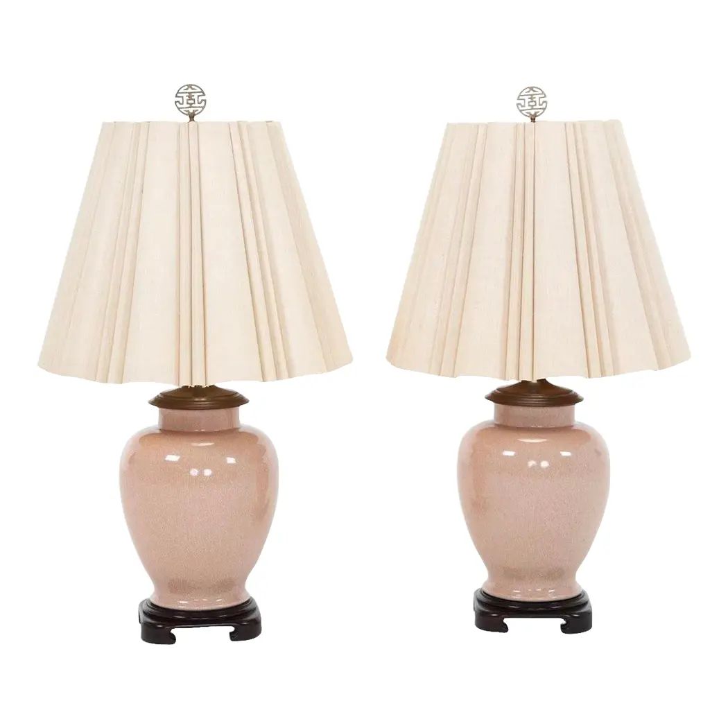 Vintage Mid 20th Century Asian Chinoiserie Blush Ceramic Lamps - a Pair | Chairish