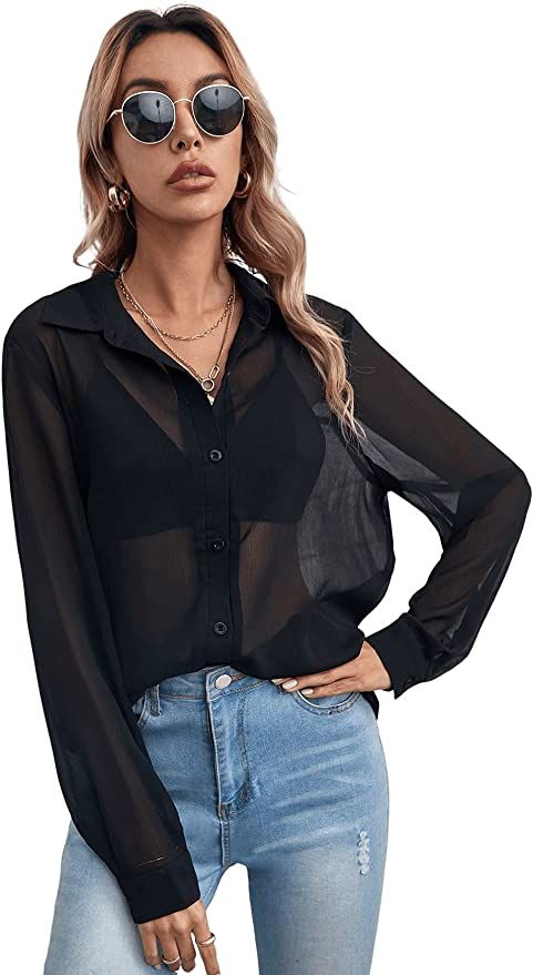 Floerns Women's Button Front Long Sleeve Shirt Sheer Mesh Work Blouse Top | Amazon (US)