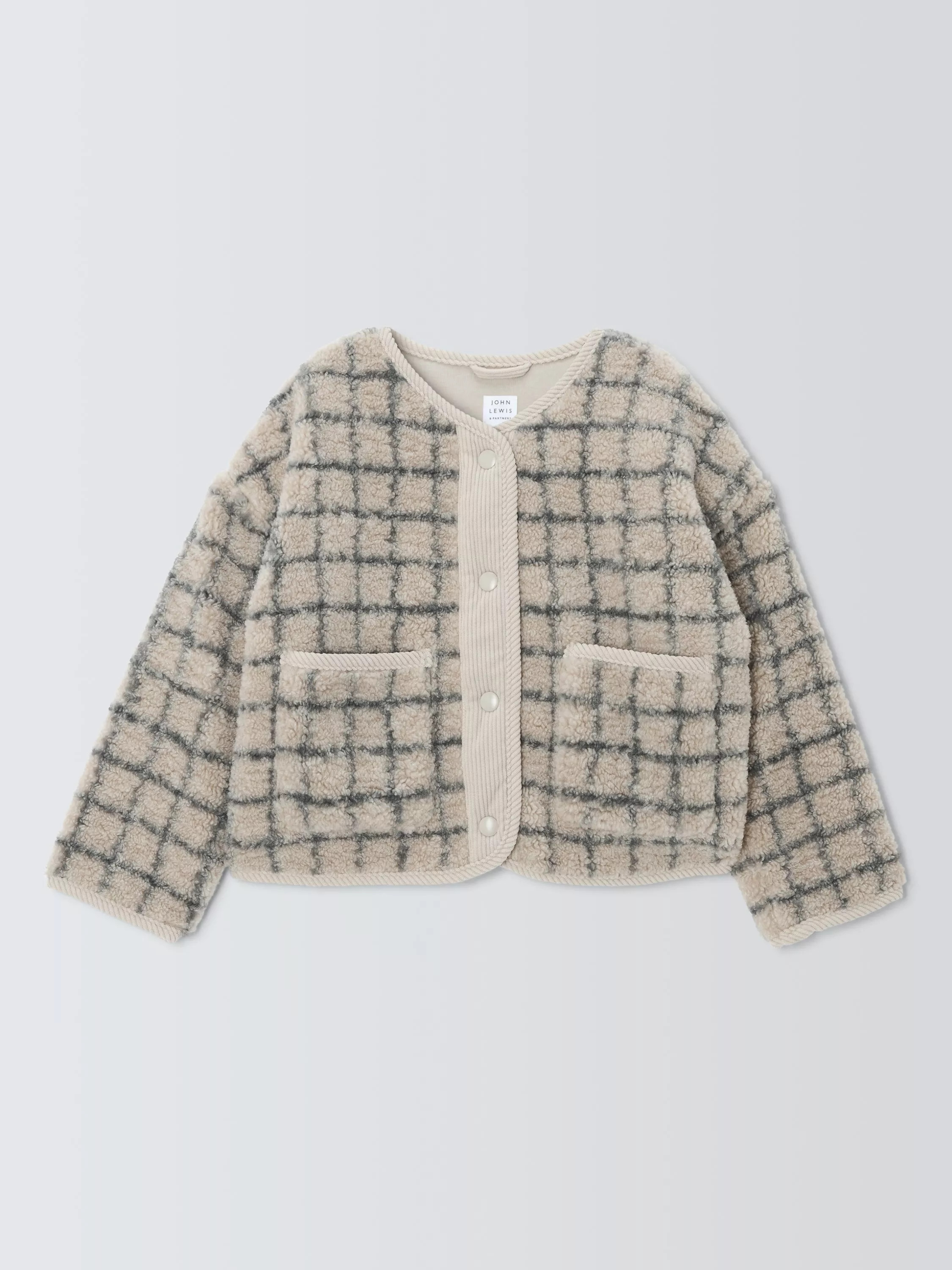 John Lewis Kids' Check Borg Fleece Jacket, Cream, Grey | John Lewis (UK)