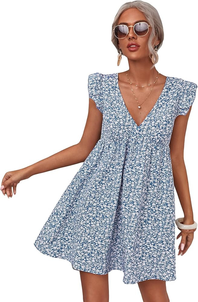 Cozyease Women's Ditsy Floral Ruffle Armhole Boho Dress V Neck High Waist Midi Dress | Amazon (US)