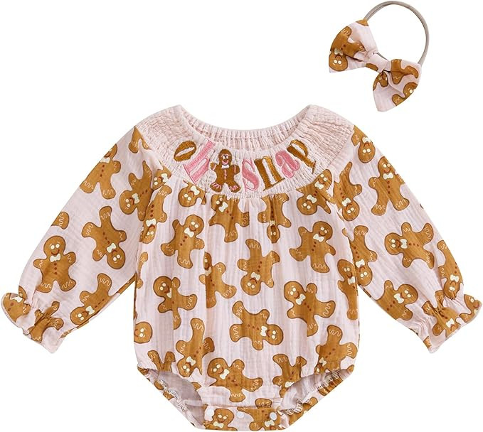 Christmas Baby Girl Clothes Smocked Romper Gingerbread Man Long Sleeve Plaid Jumpsuits Bow Headba... | Amazon (US)