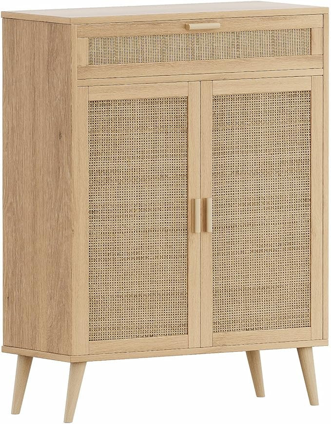 Rovaurx Accent Floor Storage Cabinet with Rattan Doors, Bathroom Cabinet with Large Drawer, Frees... | Amazon (US)