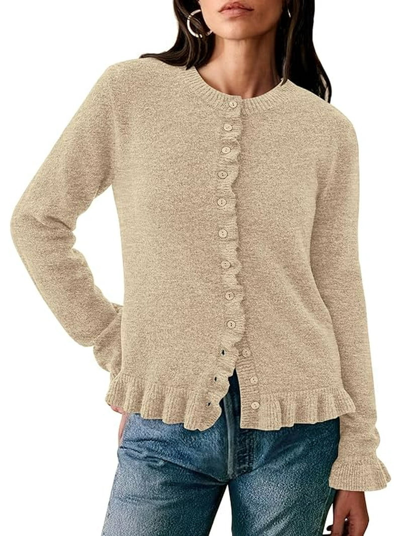 PRETTYGARDEN Womens Fall Button Down Cardigans Chunky Knit Ruffle Open Front Cropped Cardigan Swe... | Walmart (US)