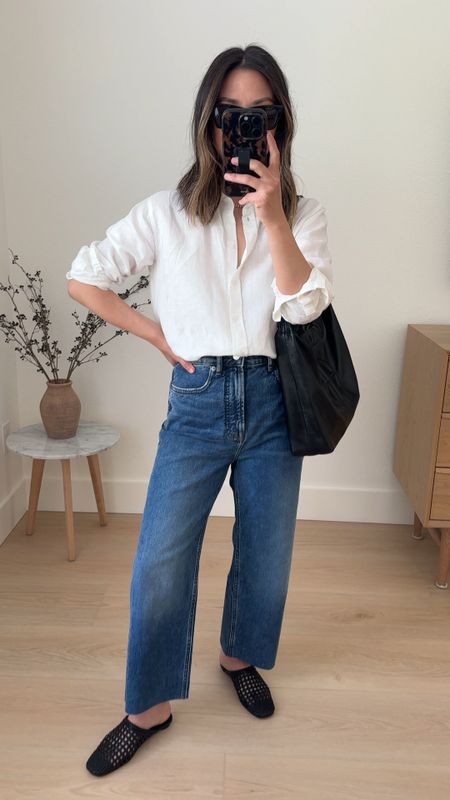 Everlane Way High jeans in mid indigo. Obsessed with these!!! I sized up and cut the hems. So comfy and flattering. 

Everlane linen shirt 2 (old). Linked new version. 
Everlane jeans 25. Cut hems. 
Everlane flats 5 
Anine Bing bag 


#LTKShoeCrush #LTKItBag