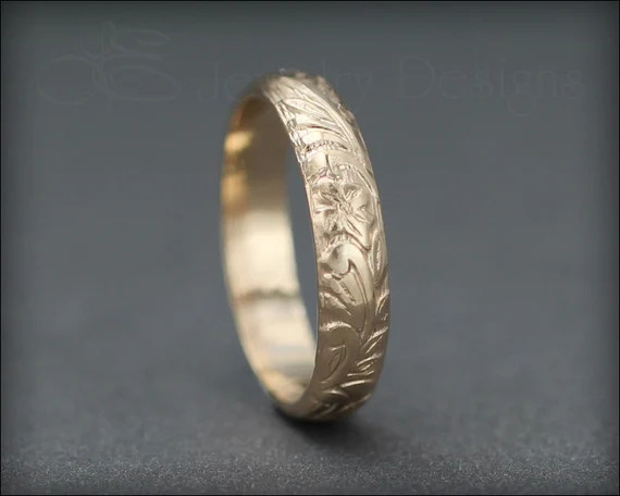 Gold Wedding Band - Gold Floral Band, Gold Flower Ring, Unisex Wedding Band, Gold Wedding Rings, ... | Etsy (US)