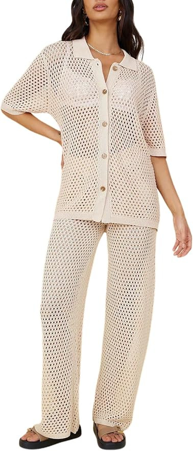 Gihuo Women's Swimsuits 2 Piece Crochet Sets Cover Ups Short Sleeve Shirts High Waist Pants Knit ... | Amazon (US)
