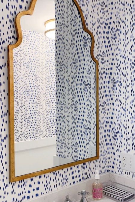 Bathroom wallpaper mirror vanity and ceiling light 

#LTKFindsUnder50 #LTKHome #LTKFindsUnder100