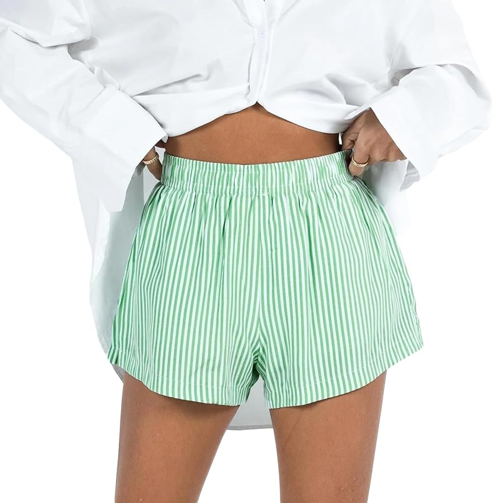 Women Y2k Vintage Boxers Shorts Elastic Waist Plaid Lounge Shorts Casual Baggy Striped Shorts Tee... | Amazon (US)