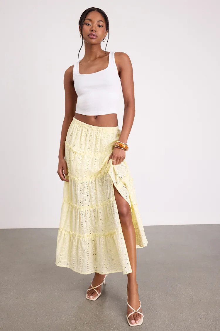 Cherish Light Yellow Eyelet Embroidered Tiered Maxi Skirt | Lulus