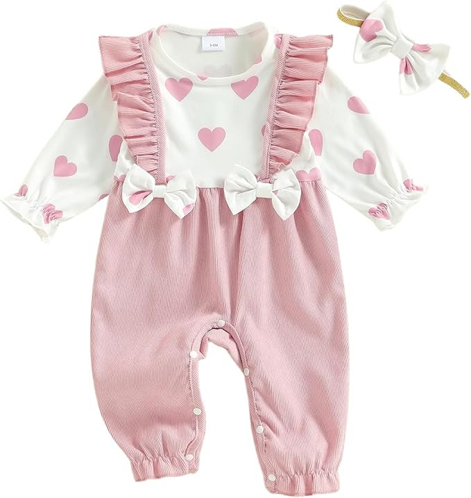 Infant Baby Girl Romper Valentine's Day Outfit Heart Print Jumpsuit with Headband 1-18 Month Baby... | Amazon (US)