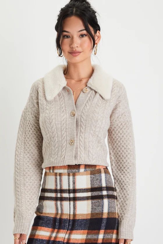 Cozy Luxury Taupe Cable Knit Faux Fur Collared Cardigan | Lulus (US)