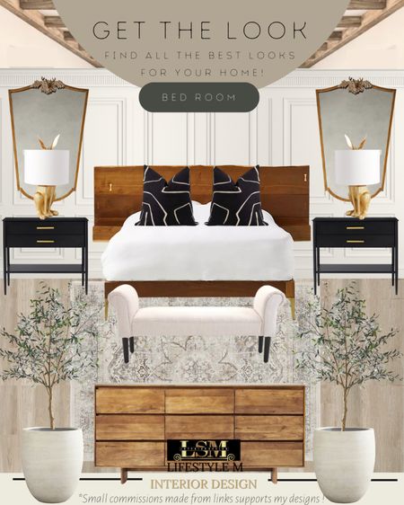 Shabby chic farmhouse bedroom idea. Recreate the look with these home furniture and decor finds. Wood bed frame, wood dresser, black night stand, upholstered bench, bedroom rug, brass table lamp, black throw pillows, brass mirror, white ceramic tree planter pot, faux fake olive tree. 

#LTKFind #LTKSeasonal #LTKhome