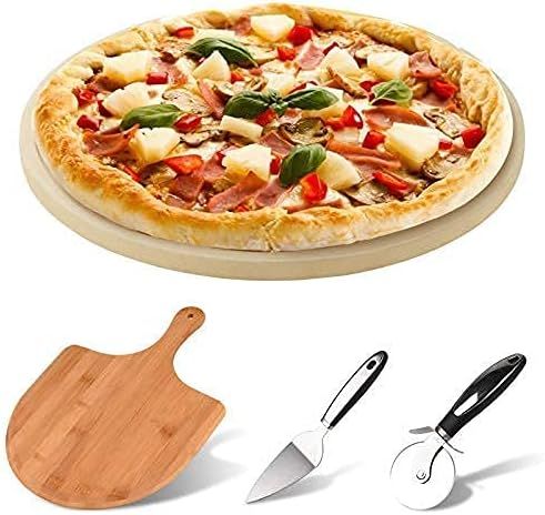 AUGOSTA Round Pizza Stone for Oven and Grill, Free Pizza Peel Paddle, Pizza Cutter Wheel and Pizz... | Amazon (US)