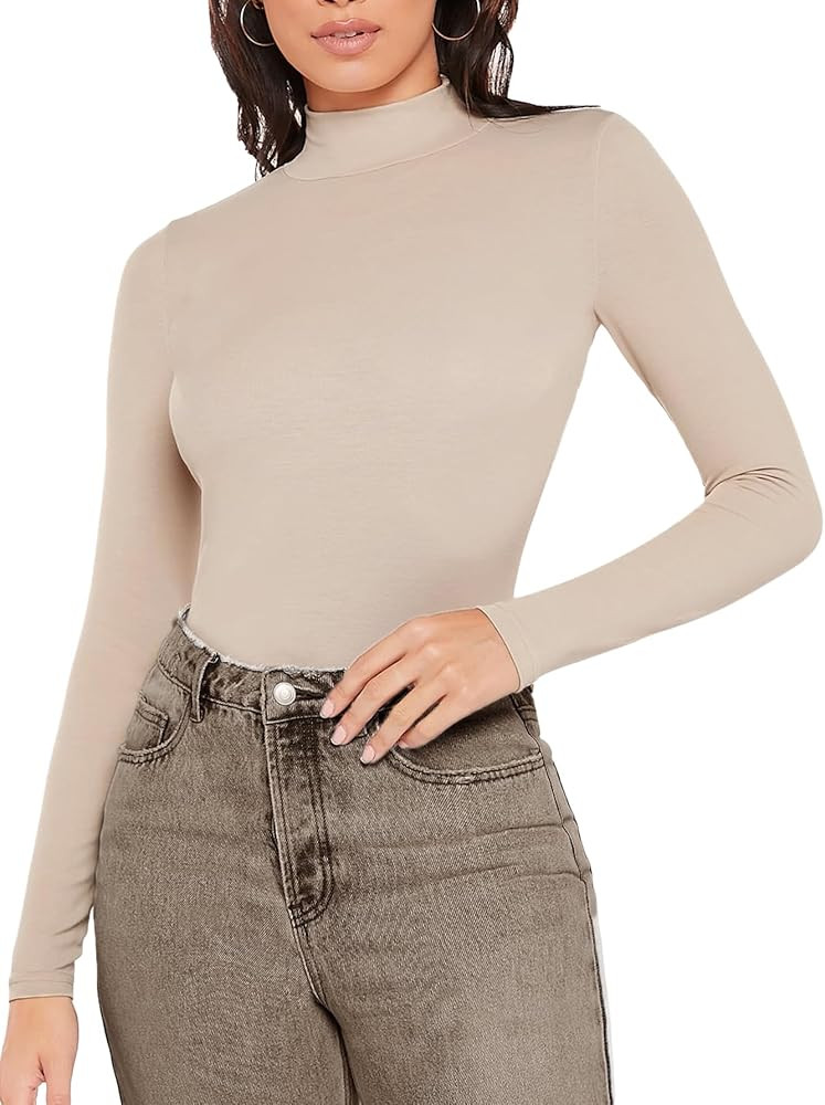 Floerns Women's Mock Turtleneck Long Sleeve Slim Fit Stretch Striped T-Shirts | Amazon (US)