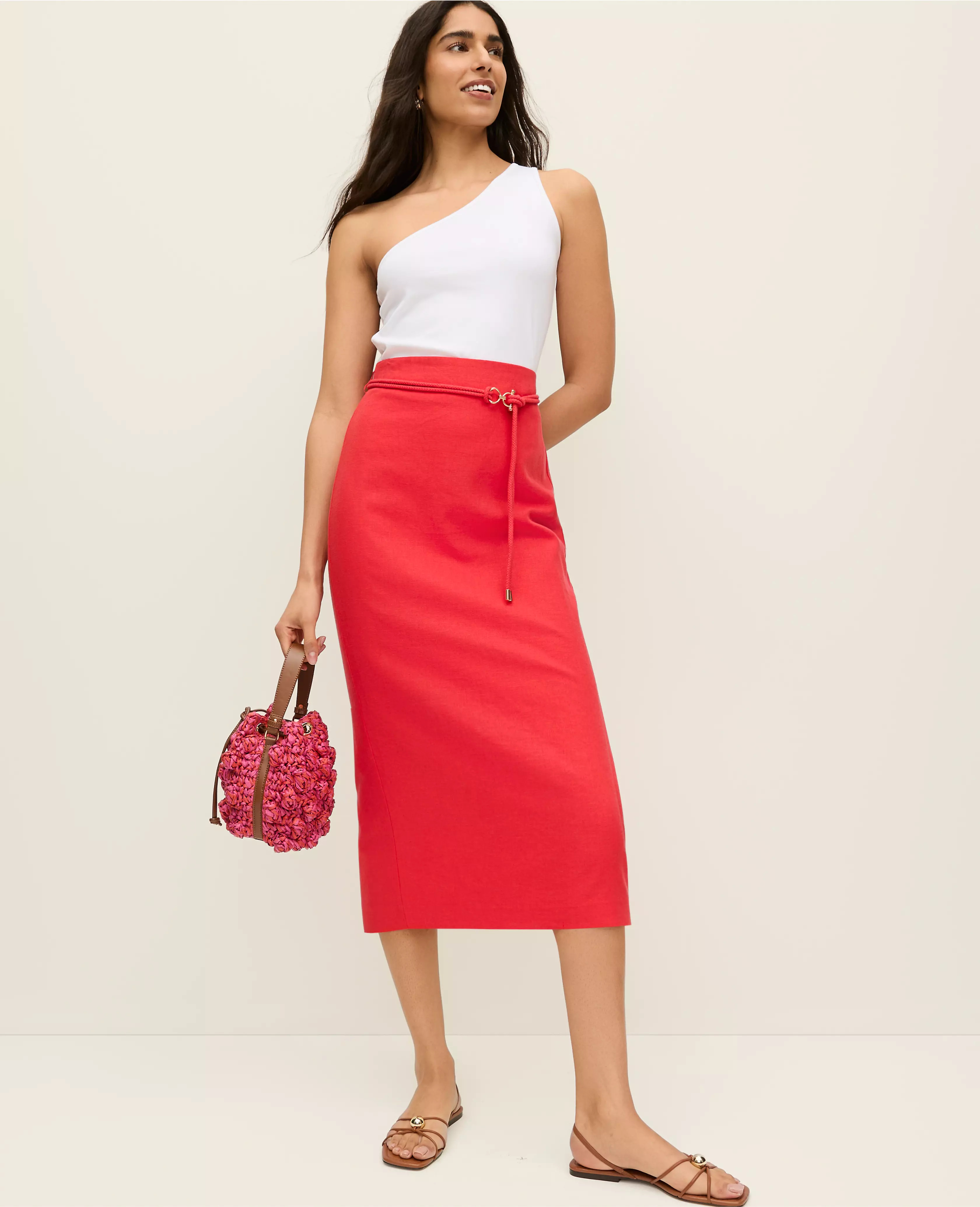 Belted Midi Pencil Skirt in Linen Blend | Ann Taylor