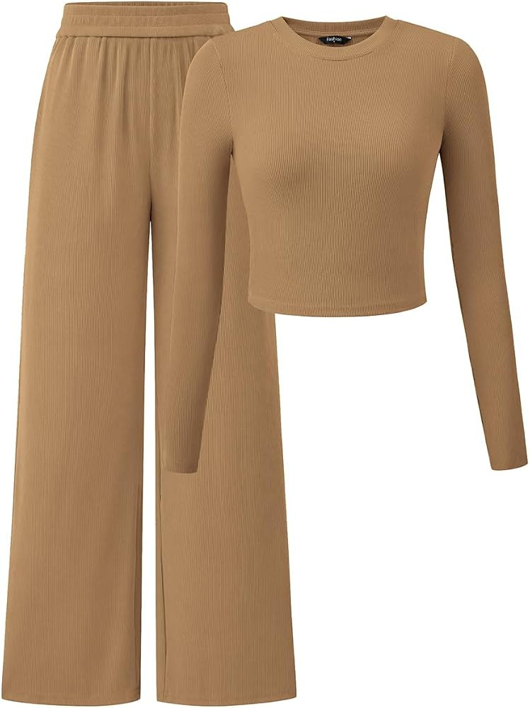 PRETTYGARDEN Women's 2 Piece Outfits Long Sleeve Bodycon Knit Crop Tops Wide Leg Pants Casual Tra... | Amazon (US)