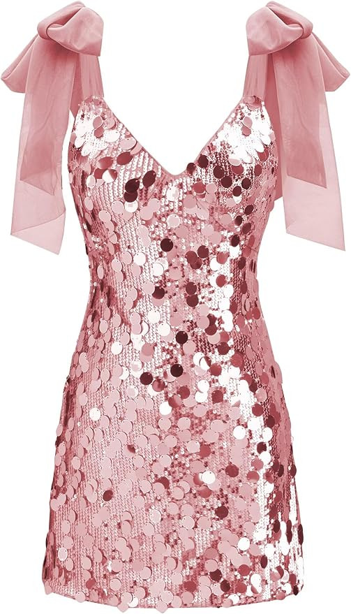 Sequin Dress with Bow V Neck Mini Dresses for Club | Big Sequin| A-line| Sparkly| Corset| Sleevel... | Amazon (US)