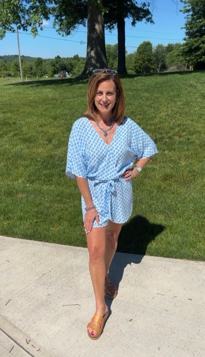 Perfect to wear at the beach or boating. 
My husband and I are taking a boat trip and then having dinner.
This romper made finding what to wear so easy. 
I’m wearing my true size small.