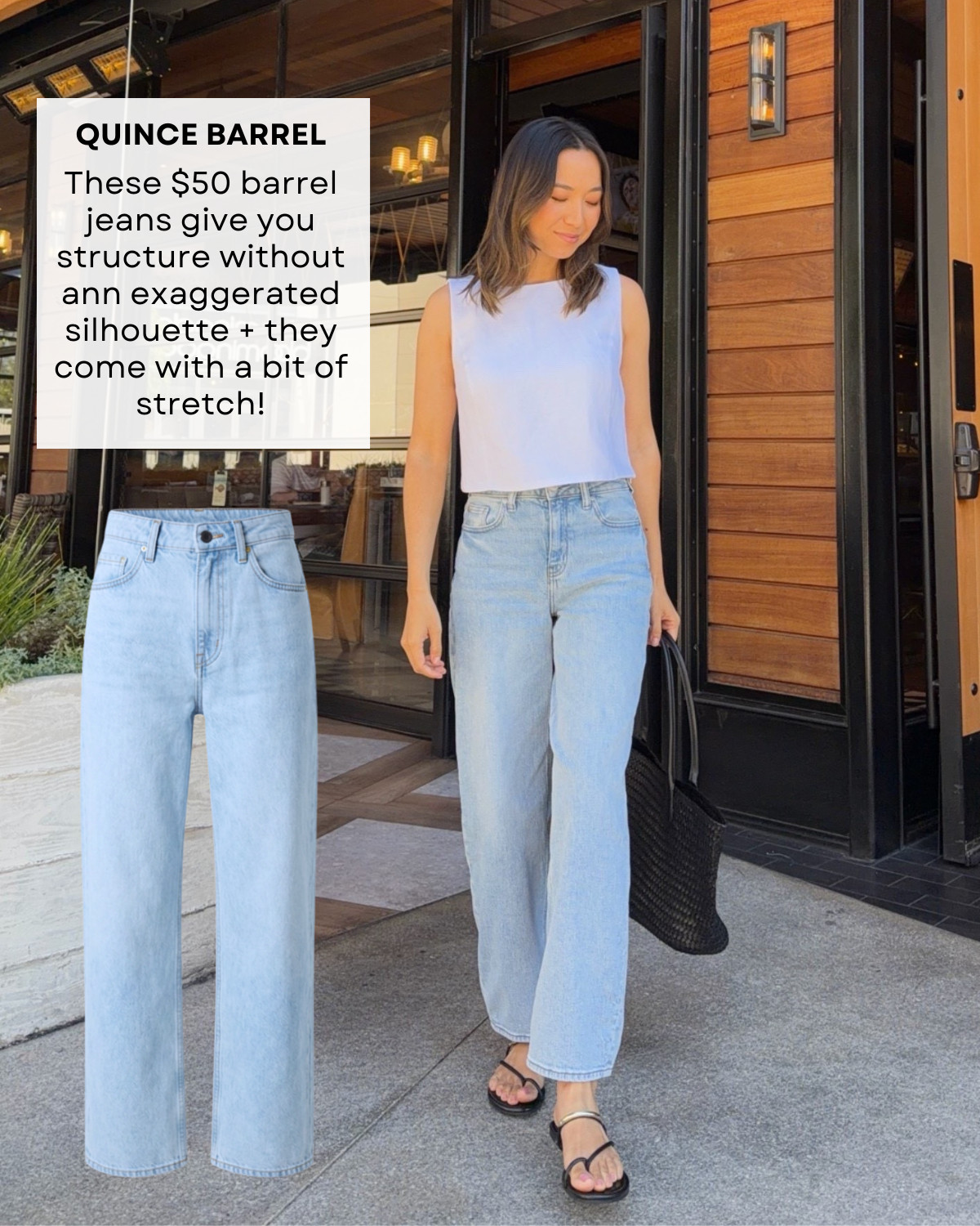 Quince barrel jeans -- $50 find, has some stretch 

barrel jeans / quince / elevated style / style over 30 

 #LTKootd #LTKSeasonal