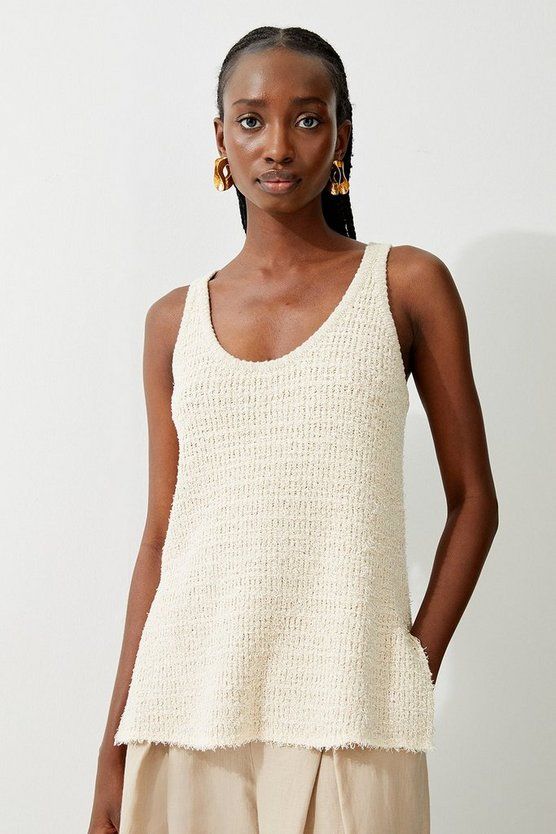 Textured Knit Cotton Blend Scoop Neck Longline Knit Tank Top | Karen Millen US