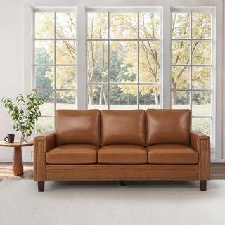 84 in. Genuine Leather Couch Square Arms 3-Seat Sofa in Cognac Color with Sturdy Wood Legs and Nailhead Trim | The Home Depot