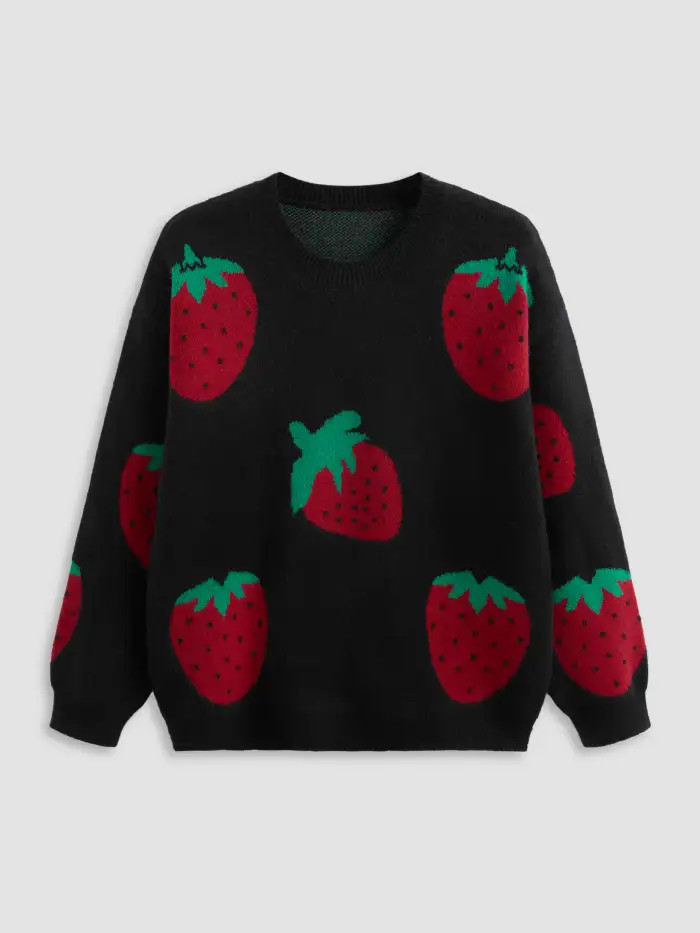 Knit Round Neckline Strawberry Long Sleeve Oversized Sweater Curve & Plus | Cider