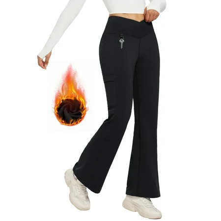 BALEAF Women's Fleece Lined Pants Water Resistant Crossover Flare Legging Winter Outdoor Thermal Bootcut High Waist Waterproof Hiking Black M | Walmart (US)