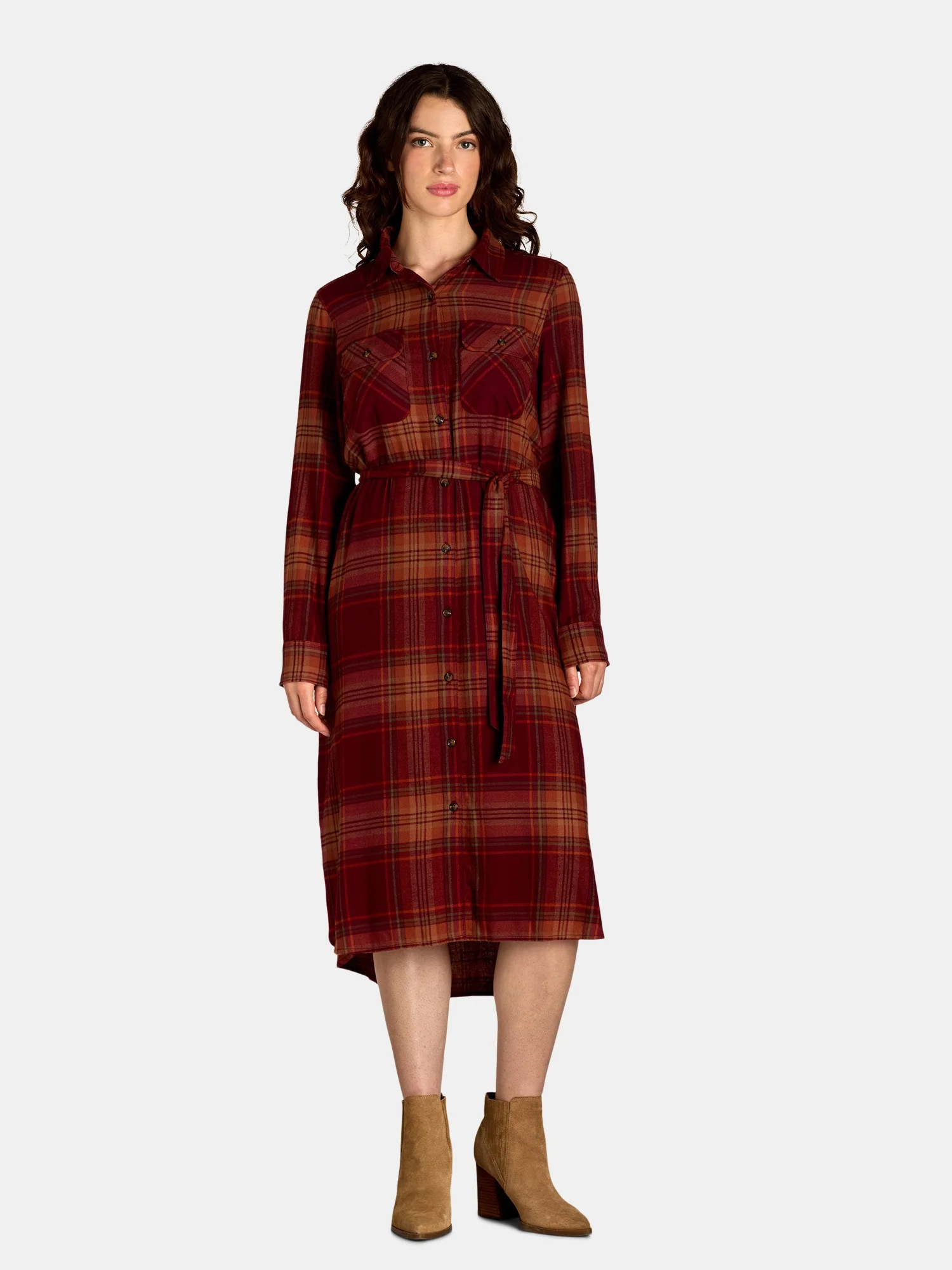 Time and Tru Women’s and Women’s Plus Plaid Button Front Dress with Belt, Sizes XS-3XL | Walmart (US)