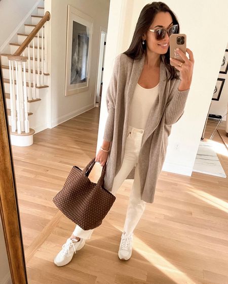 Kat Jamieson of With Love From Kat wears a neutral fall outfit. Cashmere sweater, cream denim, sneakers, everyday tote, work tote.

#LTKshoecrush #LTKstyletip #LTKSeasonal