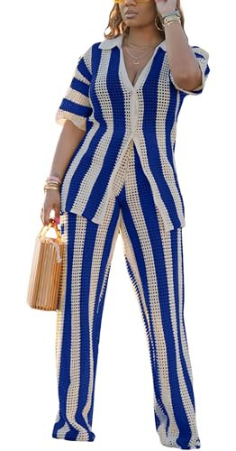 Women's Swimsuit Cover Up 2 Piece outfit Crochet Short Sleeve Button Down Wide Leg Long Pants Beach Coverups set | Amazon (US)