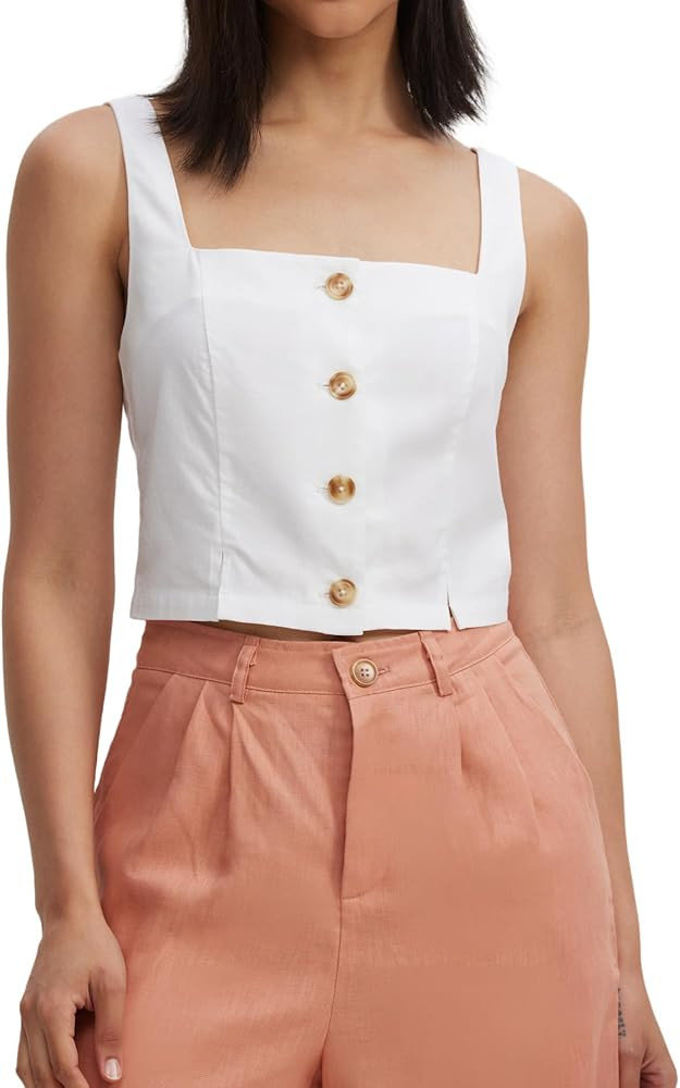 Women's Cotton Linen Square Neck Crop Tank Top Summer Sleeveless Button Vest | Amazon (US)