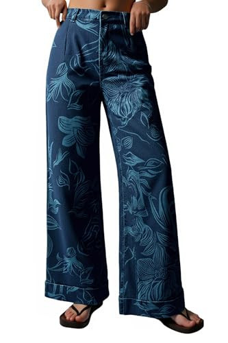 Cicy Bell Women's Floral Baggy Wide Leg Jeans Casual High Waisted Boyfriend Vintage Boho Denim Pants with Pockets Navy | Amazon (US)