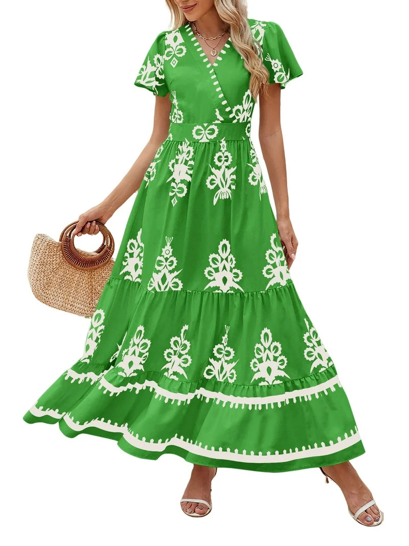 PRETTYGARDEN Womens Summer Casual V Neck Boho Maxi Dress Flowy Aline Bell Sleeve Tiered Floral Dr... | Walmart (US)