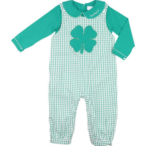 Green Windowpane Applique Shamrock Long Romper Set | Cecil and Lou